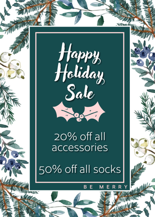 Holiday sale flyer 20% off accessories 50% off socks